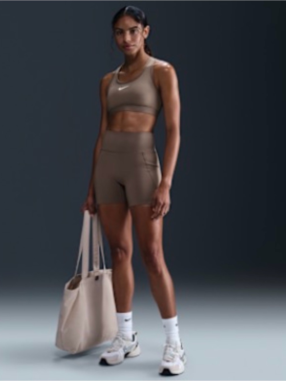 Nike Dri-Fit Women’s High Waisted 5” Biker Shorts in Sand with Side Pockets